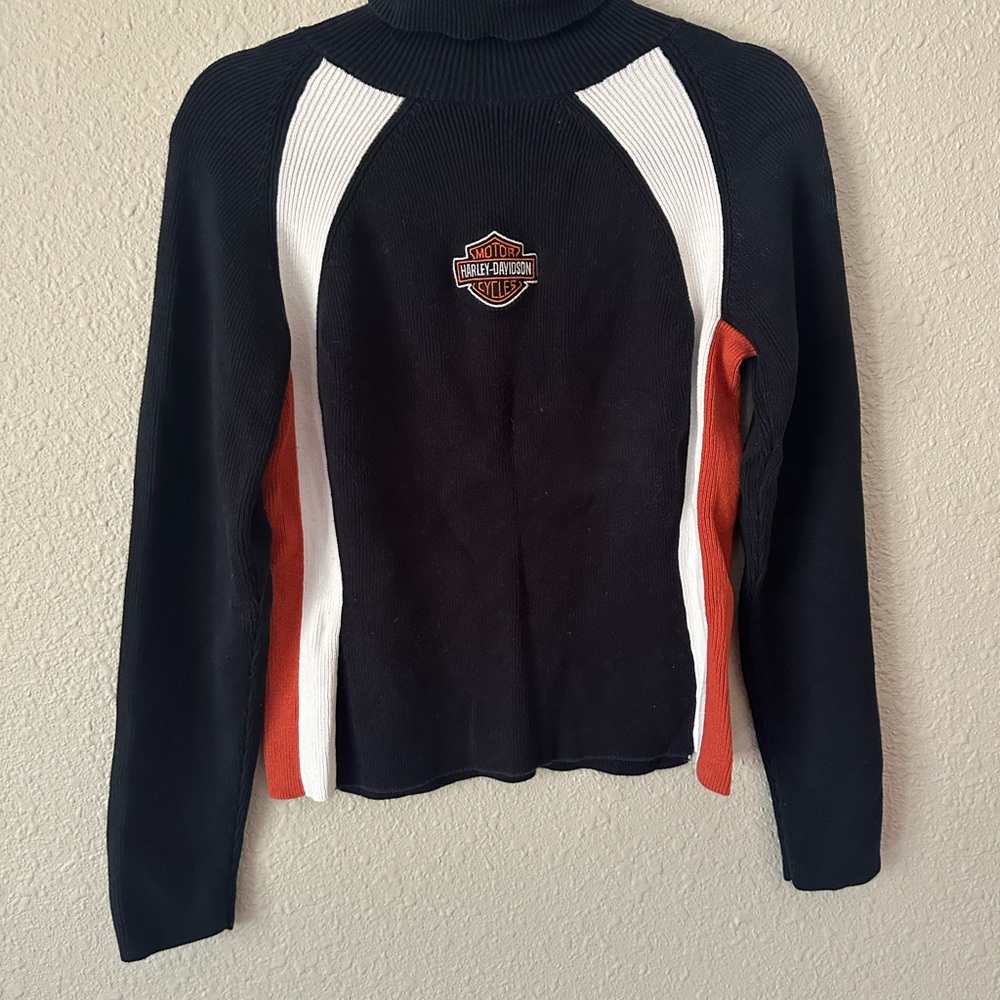 Harley-Davidson Women's Black, White, and Orange Turtleneck Sweater